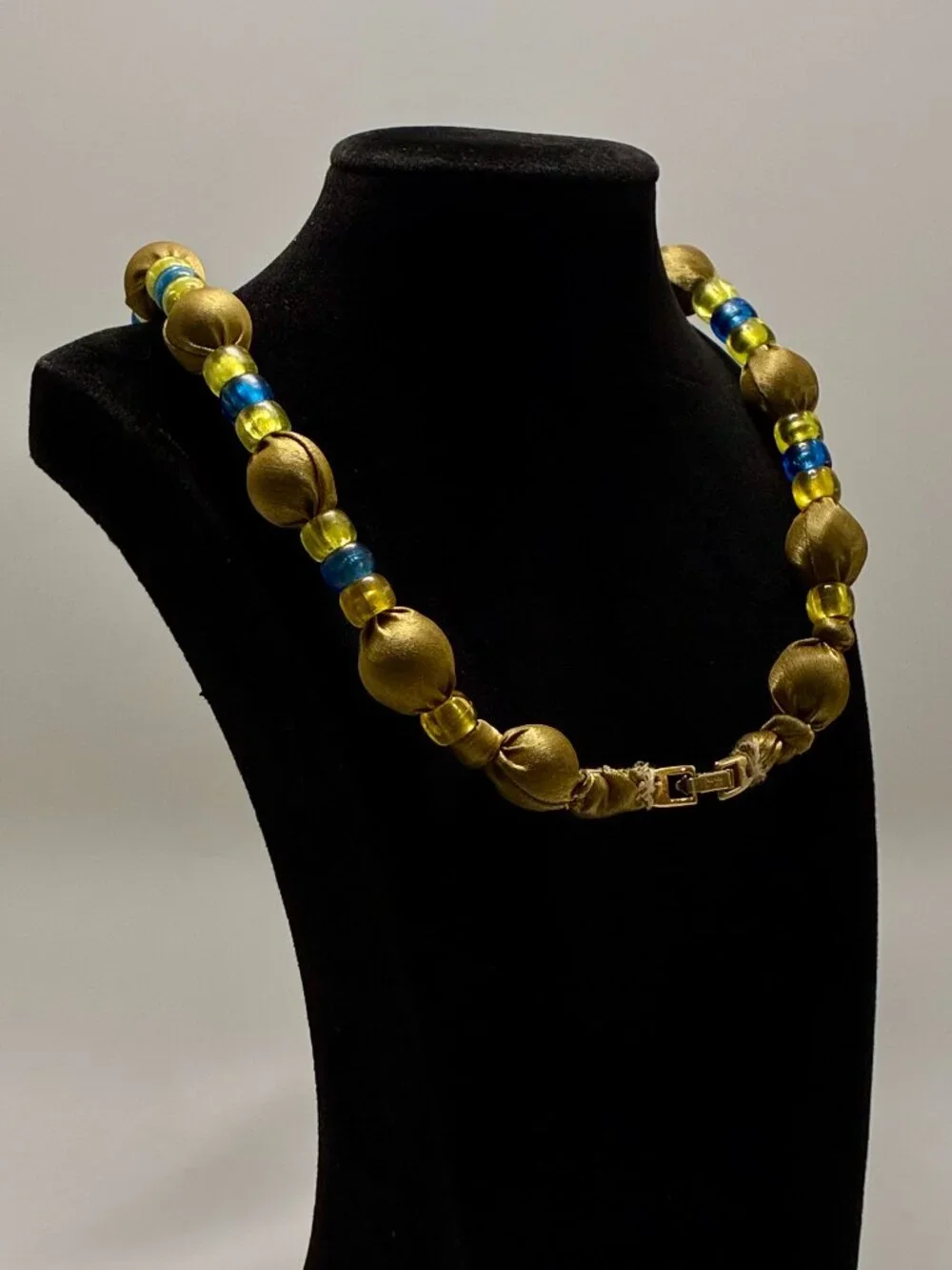 Rare Vintage Napier Runway Necklace Gold Fabric Beads Cobalt Blue Glass Accent